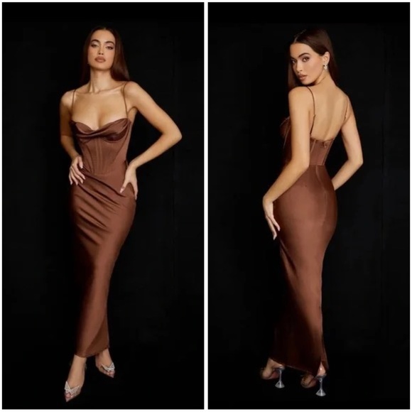 House of CB “Charmaine” Midaxi Chocolate Gown XS NWT - Picture 3 of 16